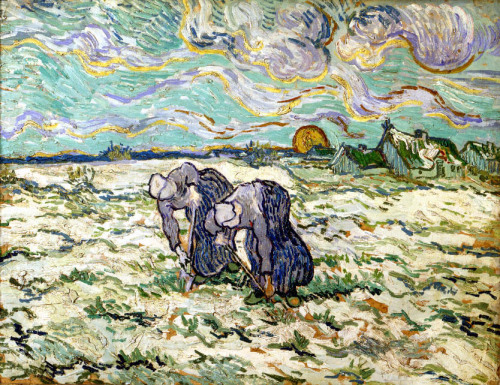 paperimages:

Vincent van Gogh,   The Weeders, 1890.
Vincent wrote to Theo: “During my illness, white snow fell, I got up in the night to look at the countryside. Never before did the landscape seem so moving and sensitive”.
