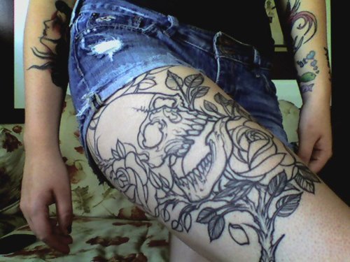 Tagged tattoo ink thigh skull rose bnw 