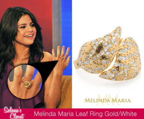 Selena shined during her Fox &amp; Friends interview in June wearing this Melinda Maria Leaf Ring. It&#8217;s on sale for $215 and is also available embellished in emerald jewels. Buy it HERE.
