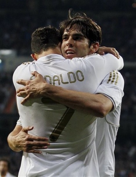 Cris♥Ka celebrating their goal, Cristiano&#8217;s 100th. Proud Kaká.
Real Madrid vs. Real Sociedad 5:1, 24.03.2012(via Photo from AP Photo)