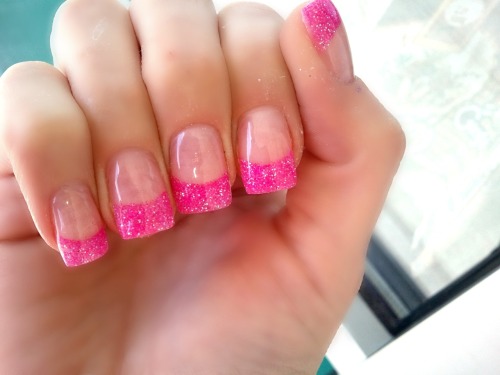Glitter pink nails Hot Pink acrylic french manicure acrylic glitter tips
