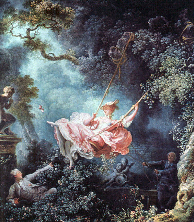 Artist: Jean-Honore Fragonard
Title: The Swing 
Date: 1766
Medium: Oil on canvas 
Learned out this photo in Art History and fell in love with the painting as soon as I saw it. At the time this picture was painted it was considered a big scandal because it was very sexual. Occurring in the painting is a young noble man getting a view up the woman&#8217;s dress who is being pushed on the swing by her priest lover. 

The colors of The Swing are just memorizing. Here is an advertisement on the Stella McCartney&#8217;s website right now advertising their new summer 2012 line using a similar color platte for the background. 