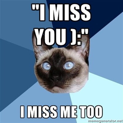 [Image: 6-piece blue colored background with a Siamese cat. Top text reads: “&#8217;I miss you ):&#8217;”. Bottom text reads &#8220;I miss me too&#8221;.]
I know that my illness affects other people too, but&#8230; come on. What do they expect in reply to this? &#8220;I&#8217;m sorry&#8221;? Folks, I have noticed that I pretty much no longer go outside, no matter how much they worry that I might have missed that fact. Thanks for reinforcing the unfairness of it all!