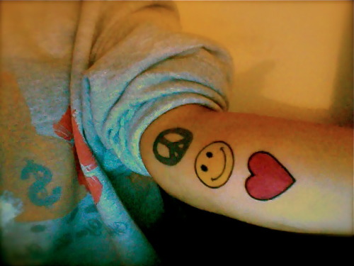 Tagged Happiness Love PLUR Peace heart peace sign smiley face tattoo