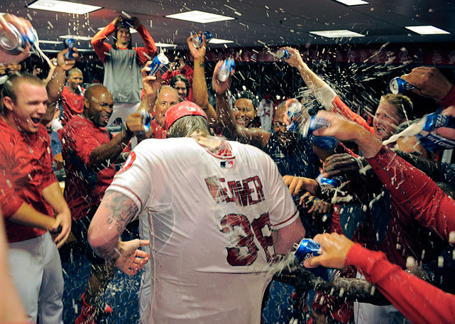 Angels starting pitcher Jered Weaver is doused by teammates after pitching a a no-hitter in Wednesday&#8217;s 9-0 victory over the Twins. (AP Photo/Mark J. Terrill)
GALLERY: The Most Recent No-Hitters, Team-By-Team