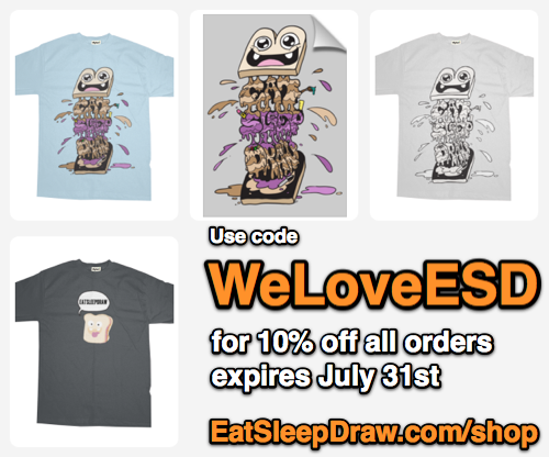 Use code WeLoveESD for 10% off all orders. Expires July 31st. EatSleepDraw.com/Shop