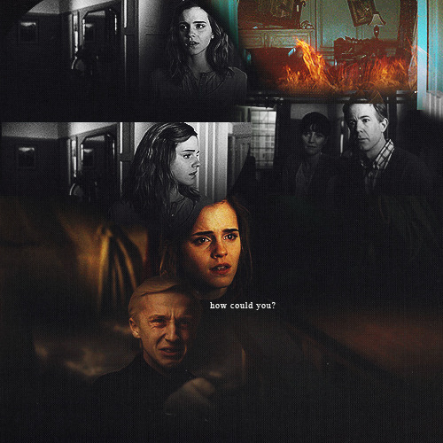 The Mark was burning, but he found he could care less. The pain was nothing compared to the throbbing ache in his chest. She was crying heavily now. “You - you! How could you?” He swallowed. ”Hermione-“ “You have n-no right to c-call me that, ” she managed between sobs. ”My parents, ” she murmured, her eyes widening as if she could see the remains of her childhood home right before her eyes once more. She swiped at her face hastily. ”How could you?” she repeated. “I didn’t have a choice, ” he managed to bite out. “There’s always a choice, Malfoy!” she screamed and the use of his last name was not lost on him. He felt his eyes starting to burn as well. It was too overwhelming. He raised his wand. She laughed, but it was empty. Hollow. “What, going to kill me too? You might as well finish the job thoroughly, am I right?” The Mark was burning. He swallowed back a sob, forcing forward memories of him and her. Together. “Obliviate.” He gently settled her into a sitting position and stood back. Time to go.