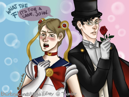 thirtysecondstogallifrey: THIS IS ALL MY SISTER’S FAULT. She had the idea and I made it. John as Sailor Moon and Sherlock as Tuxedo Mask. In my head Sherlock makes John doing anything using the “it’s for a case” excuse. 