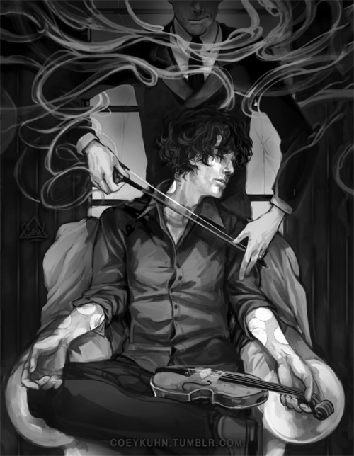 iamilex: This gives me shivers. The excessive patches, the long unkempt hair, Moriarty like a threatening shadow in the background, the bow like a knife against his throat… I can’t tell if it’s real or a daydream. This is my headcanon of Sherlock in the last days of hunting down Moriarty. 