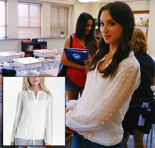 fashionofpll:  First look at PLL S3 fashion via twitter!  Bellatrix - Sheer Embroidered Sheer Blouse - $78.00